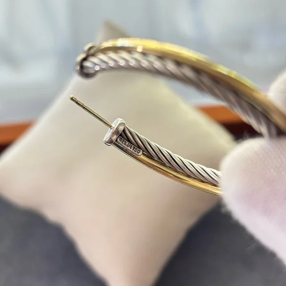 David Yurman 925 & 18k Gold Crossover Cable Hoop Earrings 1.75" - Picture 2 of 8